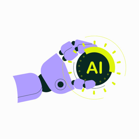 Robotic Arm Holding Ai Button In Flat Vector Illustration Symbolizing Artificial Intelligence, Technology, And Innovation, Isolated On White Background.のイラスト素材