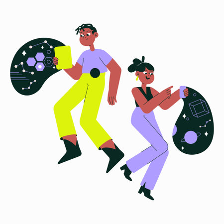 Male And Female Astronauts Using Digital Interfaces In Flat Vector Illustration Symbolizing Space...