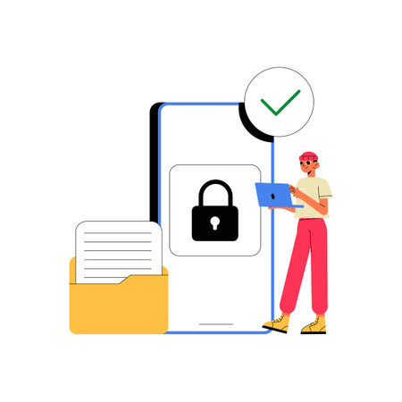Smartphone With Lock Screen And Man Holding Laptop In Flat Vector Illustration Symbolizing Data Security And Privacy, Isolated On White Backgroundのイラスト素材