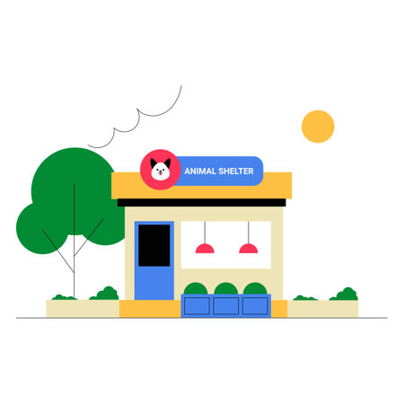 Animal Shelter Building With Trees And Sunny Weather In Flat Vector Illustration Symbolizing Pet Rescue, Adoption Center, And Animal Welfare, Isolated On White Background.のイラスト素材