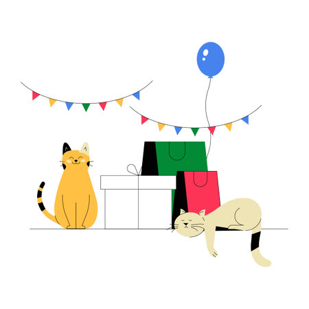 Party Scene With Cats And Gift Boxes In Flat Vector Illustration Symbolizing Celebration, Festivity, And Togetherness, Isolated On White Backgroundのイラスト素材