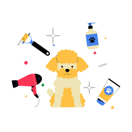 Poodle Surrounded By Grooming Tools In Flat Vector Illustration Symbolizing Pet Care, Grooming, And Hygiene, Isolated On White Backgroundのイラスト素材
