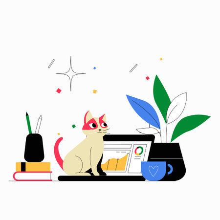Cat Sitting On Desk With Laptop And Stationery In Flat Vector Illustration Symbolizing Productivity, Technology, And Home Office Setup, Isolated On White Background.のイラスト素材