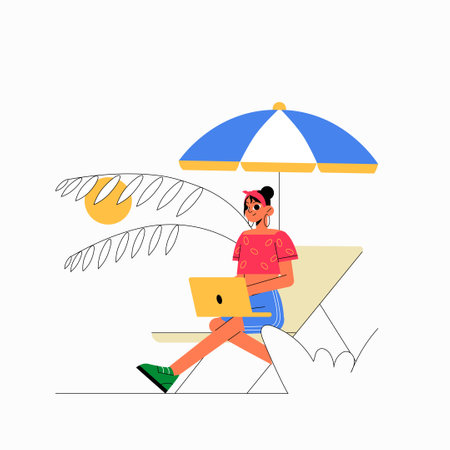 Woman Sitting Under Umbrella With Laptop In Outdoor Setting In Flat Vector Illustration Symbolizing Remote Work, Relaxation, And Digital Nomad Lifestyle, Isolated On White Background.のイラスト素材