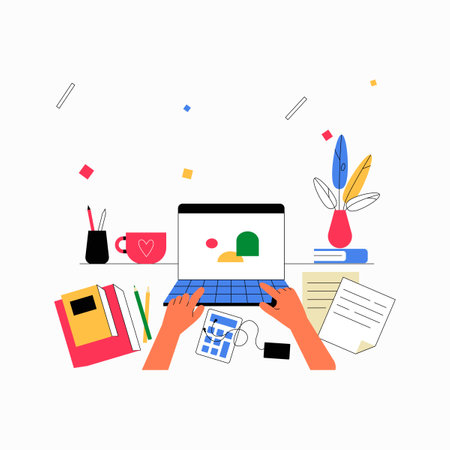 Desk Workspace With Laptop And Notebooks In Flat Vector Illustration Symbolizing Online Job, Digital Organization, And Remote Work, Isolated On White Background.のイラスト素材