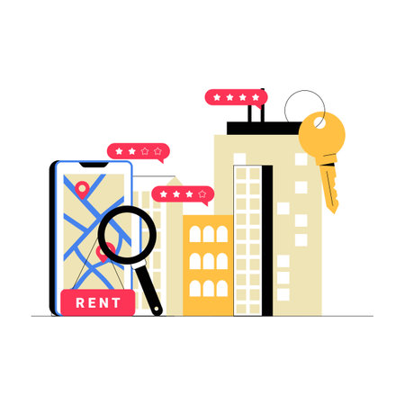 Mobile App For Apartment Hunting With Map And Key In Flat Vector Illustration Symbolizing Rental Services, Property Search, And Urban Housing, Isolated On White Backgroundのイラスト素材