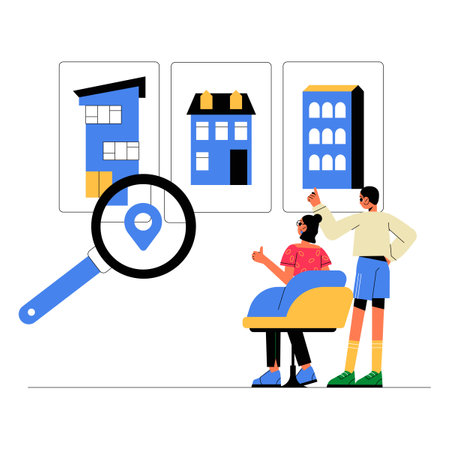 Couple Exploring Property Options With Magnifying Glass In Flat Vector Illustration Symbolizing Home Search, Real Estate Decisions, And Property Buying, Isolated On White Backgroundのイラスト素材