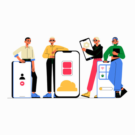 Group With Smartphones And Tablets In Flat Vector Illustration Symbolizing Digital Technology, Mobile Apps, And Online Connectivity, Isolated On White Backgroundのイラスト素材