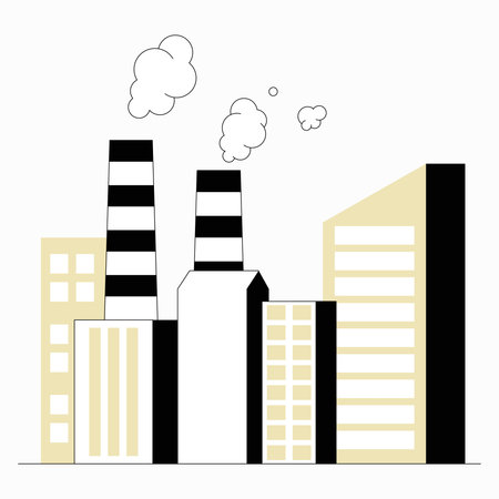 Industrial Factory With Smokestacks In Flat Vector Illustration Symbolizing Air Pollution, Environmental Impact, And Industrialization, Isolated On White Background.のイラスト素材