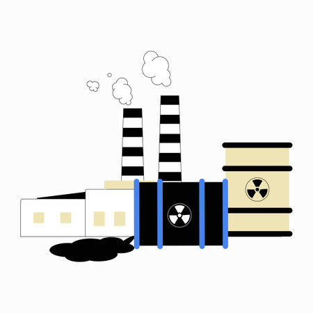 Nuclear Waste Barrels And Polluted Factory In Flat Vector Illustration Symbolizing Environmental Pollution, Industrial Waste, And Toxic Contamination, Isolated On White Backgroundのイラスト素材