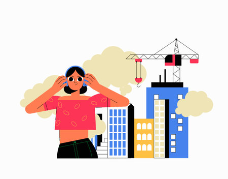 Noise Pollution, Construction Sites, And Urban Environment In Flat Vector Illustration Symbolizing City Noise, Industrialization, And Environmental Disruption, Isolated On White Background.のイラスト素材