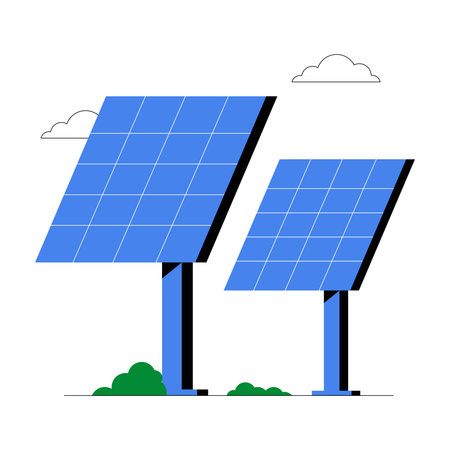 Solar Panels Generating Renewable Energy In Flat Vector Illustration Symbolizing Green Energy,...