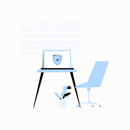 Secure Workspace With Laptop And Digital Protection Shield In Flat Vector Illustration Symbolizing...