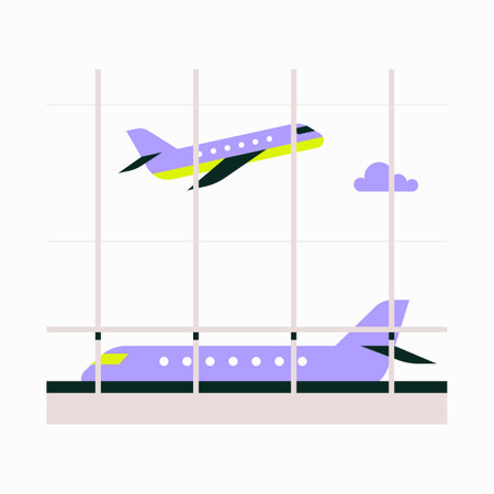 Airplane Takeoff and Landing in Flat Vector Illustration Symbolizing Air Travel, Transportation, and Airport Scene, Isolated on White Backgroundのイラスト素材