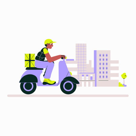 Moped Courier Riding With Delivery Package In City In Flat Vector Illustration Symbolizing Online Delivery, Logistics, And Urban Transportation, Isolated On White Backgroundのイラスト素材