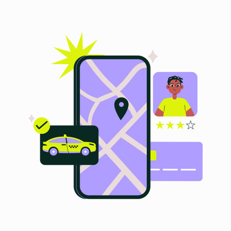 Taxi App Interface With Driver Profile and Ride Confirmation in Flat Vector Illustration Symbolizing Online Transportation Service, Isolated on White Backgroundのイラスト素材