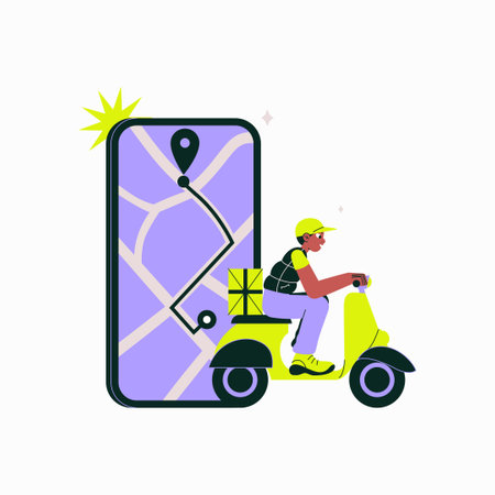 Moped Delivery Rider With Package And Smartphone Navigation In Flat Vector Illustration Symbolizing Online Delivery, Route Optimization, And Logistics, Isolated On White Backgroundのイラスト素材
