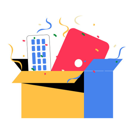Unboxing Electronic Devices In Flat Vector Illustration Symbolizing Tech Gadgets, Online Shopping, And Gift Surprises, Isolated On White Backgroundのイラスト素材