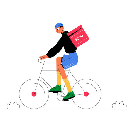 Bicycle Food Delivery Courier With Backpack In Flat Vector Illustration Symbolizing Fast Service, Urban Transportation, And Online Food Ordering, Isolated On White Background.のイラスト素材