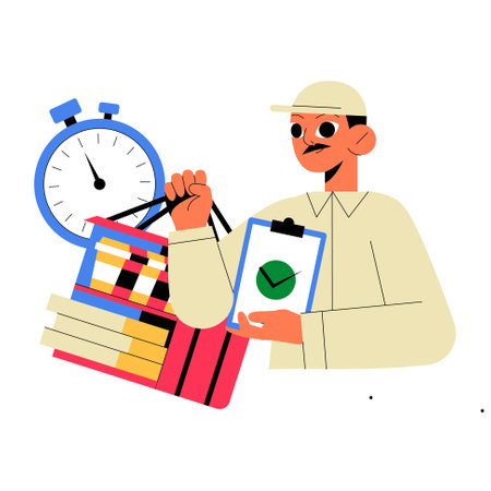 Male Delivery Worker Holding A Shopping Bag And A Checklist With A Stopwatch In Flat Vector Illustration Symbolizing Fast Service, Timely Delivery, And Grocery Shopping, Isolated On Whiteのイラスト素材