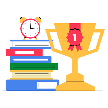 Trophy With Stack Of Books And Alarm Clock In Flat Vector Illustration Symbolizing Academic Achievement, Success, And Educational Excellence, Isolated On White Background.のイラスト素材