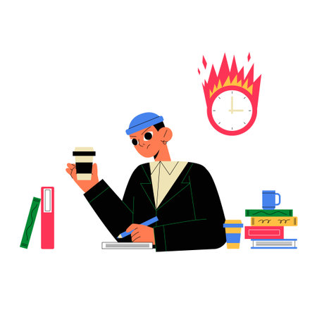 Male Student With Coffee Studying Under Pressure In Flat Vector Illustration Symbolizing Time Management, Academic Deadlines, And Productivity, Isolated On White Background.のイラスト素材