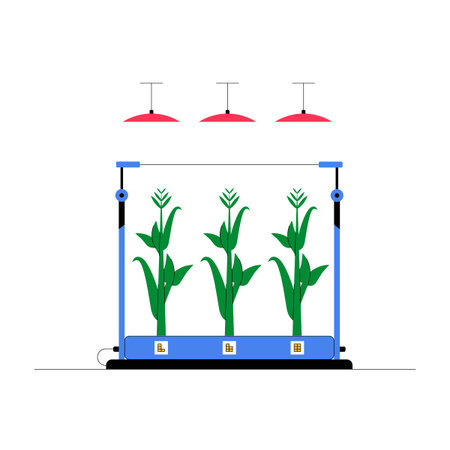 Indoor Smart Farming System With Corn Plants And LED Growth Lights, Flat Vector Illustration About Vertical Farming, Sustainable Agriculture, Modern Agritech, Isolated On White Backgroundのイラスト素材