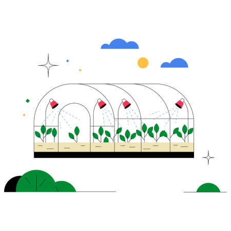 Greenhouse With Irrigation System In Flat Vector Illustration Symbolizing Sustainable Agriculture, Plant Growth, And Controlled Farming, Isolated On White Background.のイラスト素材