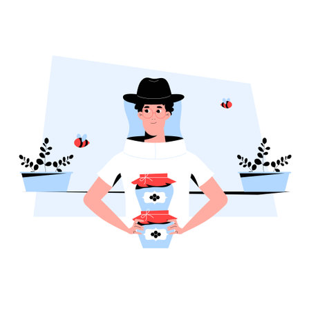 Beekeeper Holding Honey Jars In Flat Vector Illustration Symbolizing Beekeeping, Honey Production, And Sustainable Farming, Isolated On White Backgroundのイラスト素材