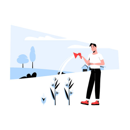 Male Farmer Watering Plants in Flat Vector Illustration Symbolizing Sustainable Agriculture, Growth, and Environmental Care, Isolated on White Backgroundのイラスト素材
