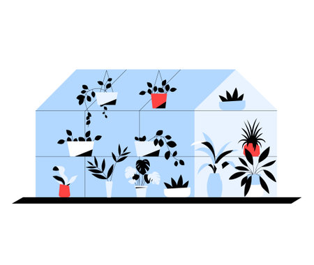 Greenhouse With Hanging And Potted Plants In Flat Vector Illustration Symbolizing Indoor Gardening, Plant Care, And Sustainable Living, Isolated On White Background.のイラスト素材