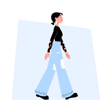 Trendy Young Woman Walking In Flat Vector Illustration Symbolizing Street Fashion, Casual Outfit, And Youthful Style, Isolated On White Backgroundのイラスト素材