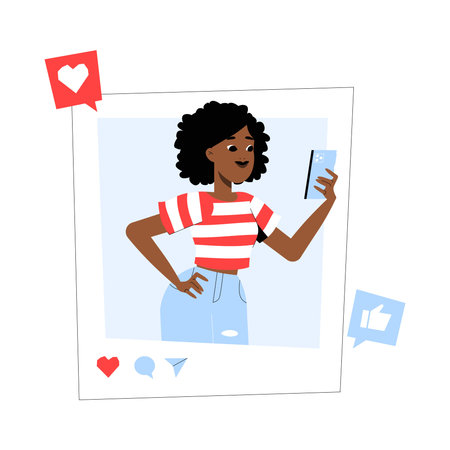 Young Woman Taking Selfie In Social Media Post Frame In Flat Vector Illustration Symbolizing Online...