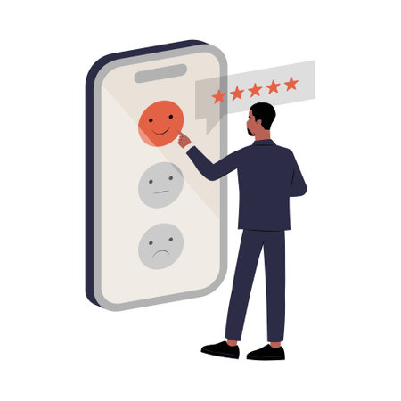 Male Customer Giving Five Star Rating On Smartphone Screen In Flat Vector Illustration Symbolizing Customer Satisfaction, Feedback, And Online Reviews, Isolated On White Background.のイラスト素材