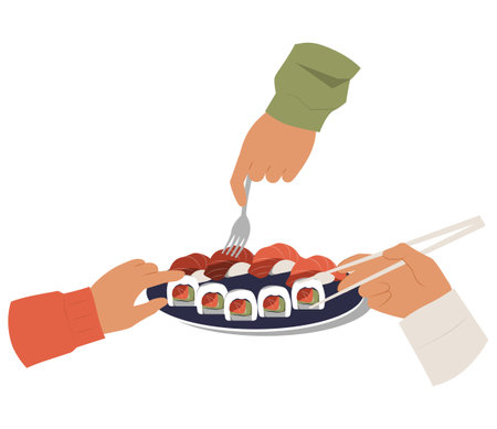 Hands Taking Sushi From A Plate With Chopsticks And Fork In Flat Vector Illustration Symbolizing Shared Dining, Japanese Cuisine, And Food Enjoyment, Isolated On White Backgroundのイラスト素材