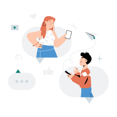 Young Woman Reacting To A Message From A Young Man In Flat Vector Illustration Symbolizing Online Communication, Social Media Interaction, And Digital Messaging, Isolated On White Backgroundのイラスト素材
