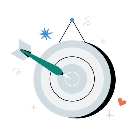 Targeted Marketing, Bullseye With Dart Hitting Center In Flat Vector Illustration Symbolizing Precision Advertising, Business Goals, And Marketing Strategy, Isolated On White Backgroundのイラスト素材