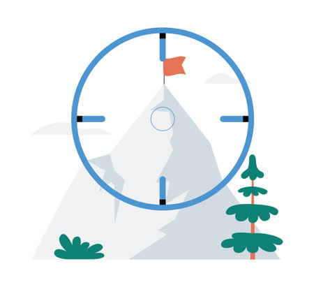 Target Scope Over Mountain With Flag In Flat Vector Illustration Symbolizing Goal Achievement, Strategic Planning, Business Success, And Personal Growth, Isolated On White Background.のイラスト素材