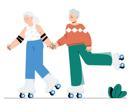 Elderly Couple Holding Hands While Roller Skating In Flat Vector Illustration Symbolizing Active Lifestyle, Happiness, And Healthy Aging, Isolated On White Background.のイラスト素材