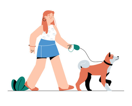 Young Woman Walking Dog In Flat Vector Illustration Symbolizing Pet Care, Outdoor Activity, And Dog Walking, Isolated On White Backgroundのイラスト素材