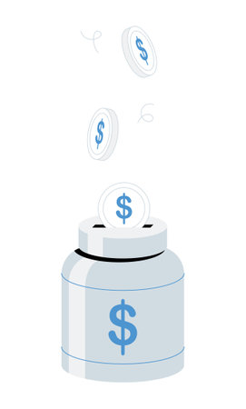 Coins Falling Into Savings Jar In Flat Vector Illustration Symbolizing Investment, Financial Security, And Wealth Growth, Isolated On White Backgroundのイラスト素材