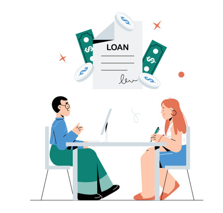 Loan Agreement Discussion Between Male Loan Advisor And Female Client. Flat Vector Illustration Of Financial Consultation, Lending Services, And Personal Loans, Isolated On White Backgroundのイラスト素材
