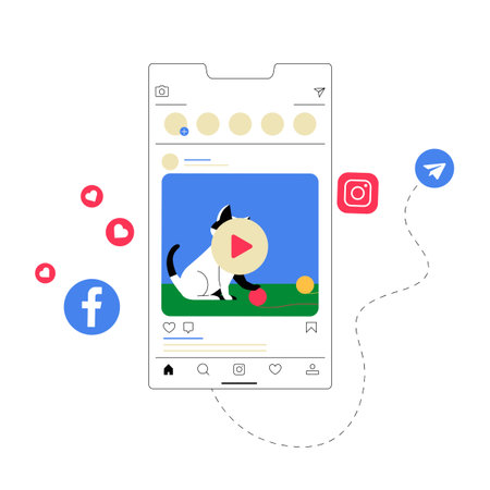 Social Media Post Featuring A Cat Video In Flat Vector Illustration Symbolizing Online Entertainment, Viral Content, And Digital Engagement, Isolated On White Backgroundのイラスト素材