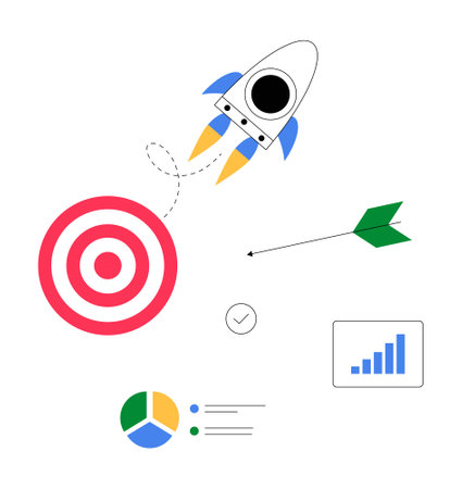 Rocket Launching Towards Target In Flat Vector Illustration Symbolizing Business Success, Goal Achievement, And Startup Growth, Isolated On White Backgroundのイラスト素材