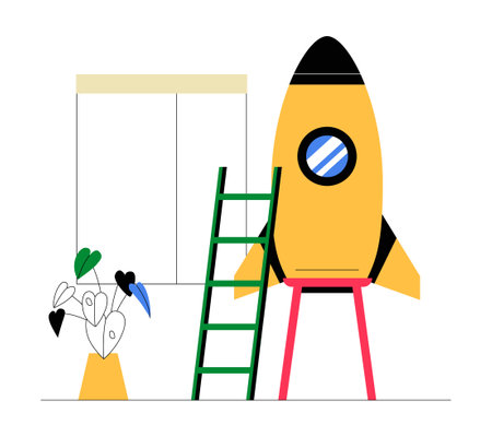 Rocket With Ladder And Plant In Flat Vector Illustration Symbolizing Business Startup, Career Growth, And Development, Isolated On White Backgroundのイラスト素材