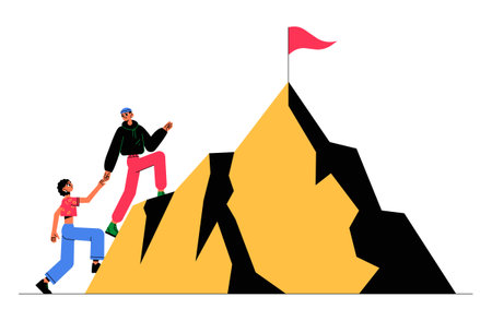 Two People Climbing Mountain in Flat Vector Illustration Symbolizing Teamwork, Leadership, Success, and Achievement, Isolated on White Backgroundのイラスト素材