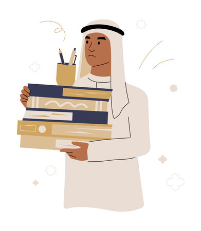 Arab Man Holding A Stack Of Books And Office Supplies In Flat Vector Illustration Symbolizing Education, Learning, And Knowledge, Isolated On White Backgroundのイラスト素材