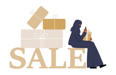 Muslim Woman Sitting on Sale Sign With Shopping Bags in Flat Vector Illustration Symbolizing Discounts, E Commerce, and Holiday Shopping, Isolated on White Backgroundのイラスト素材