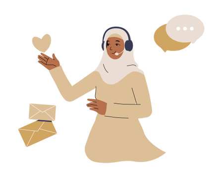 Female Customer Support Agent in Hijab With Headset in Flat Vector Illustration Symbolizing Online Assistance, Communication, and Virtual Support, Isolated on White Backgroundのイラスト素材