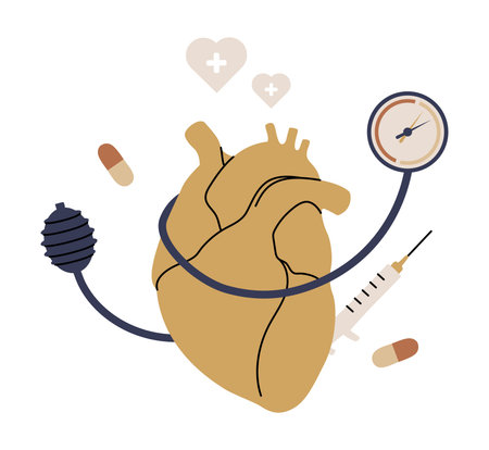 Anatomical Heart With Stethoscope, Pills, And Syringe In Flat Vector Illustration Symbolizing...